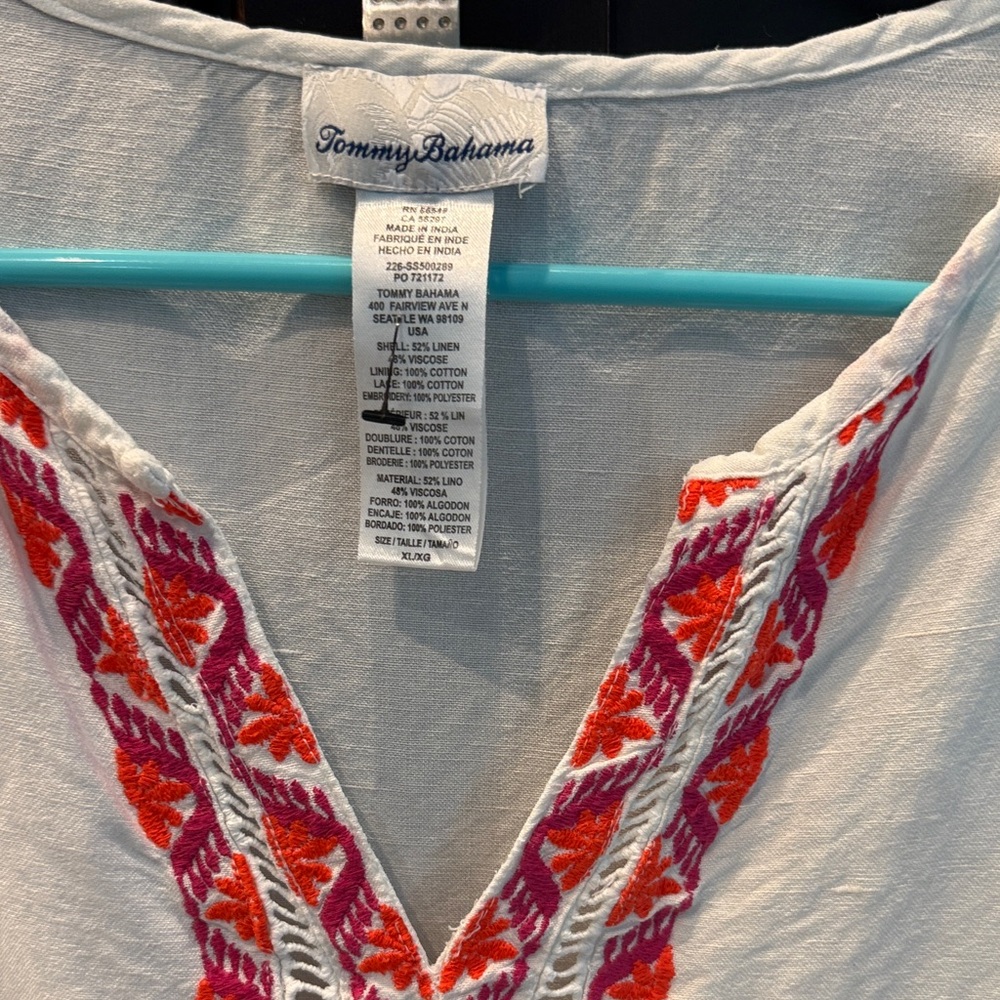 Tommy Bahama White Tunic Dress with Pink & Orange Embroidery - Picture 2 of 2